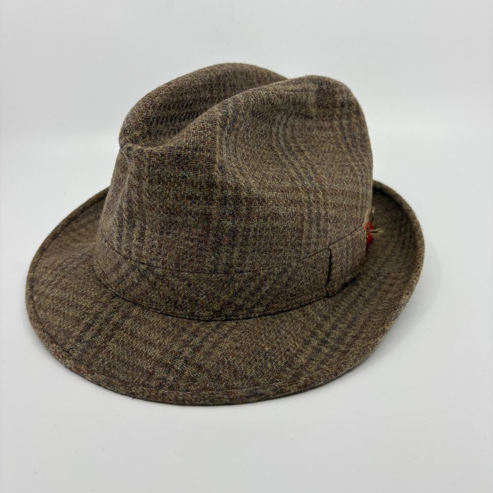 Vintage Adam New York Tweed Fedora Hat 7 1/8 Brown Wool Feather